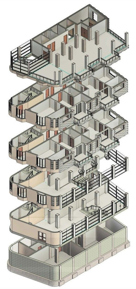 Sectional axonometric &mdash; basement to roof