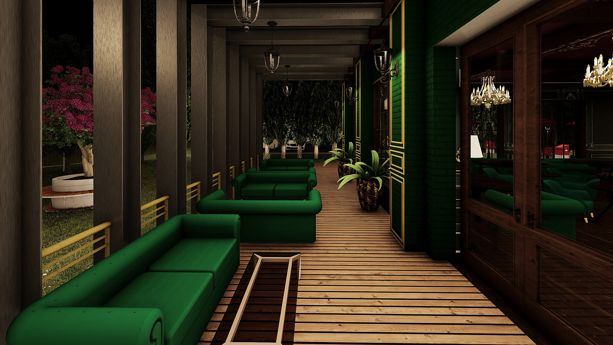 Veranda at night, looking towards the garden