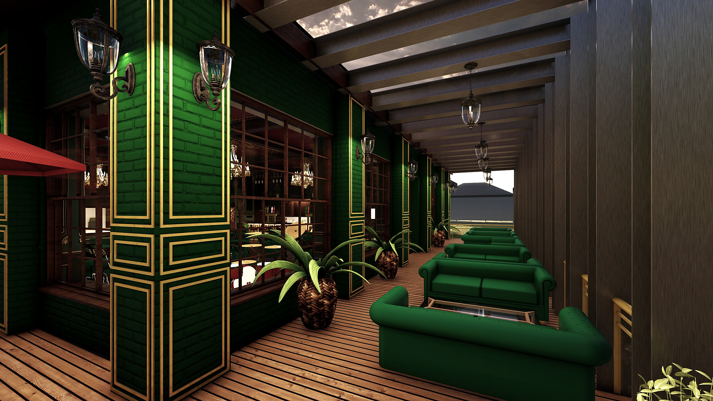 The covered veranda, looking along the lounge seating