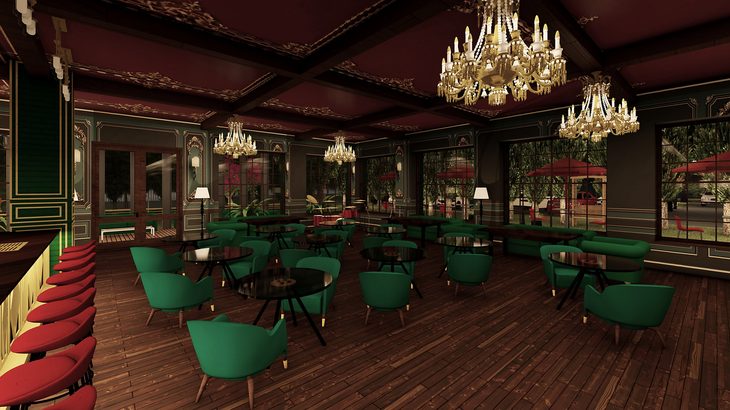 Dining room with coffered ceiling and chandeliers