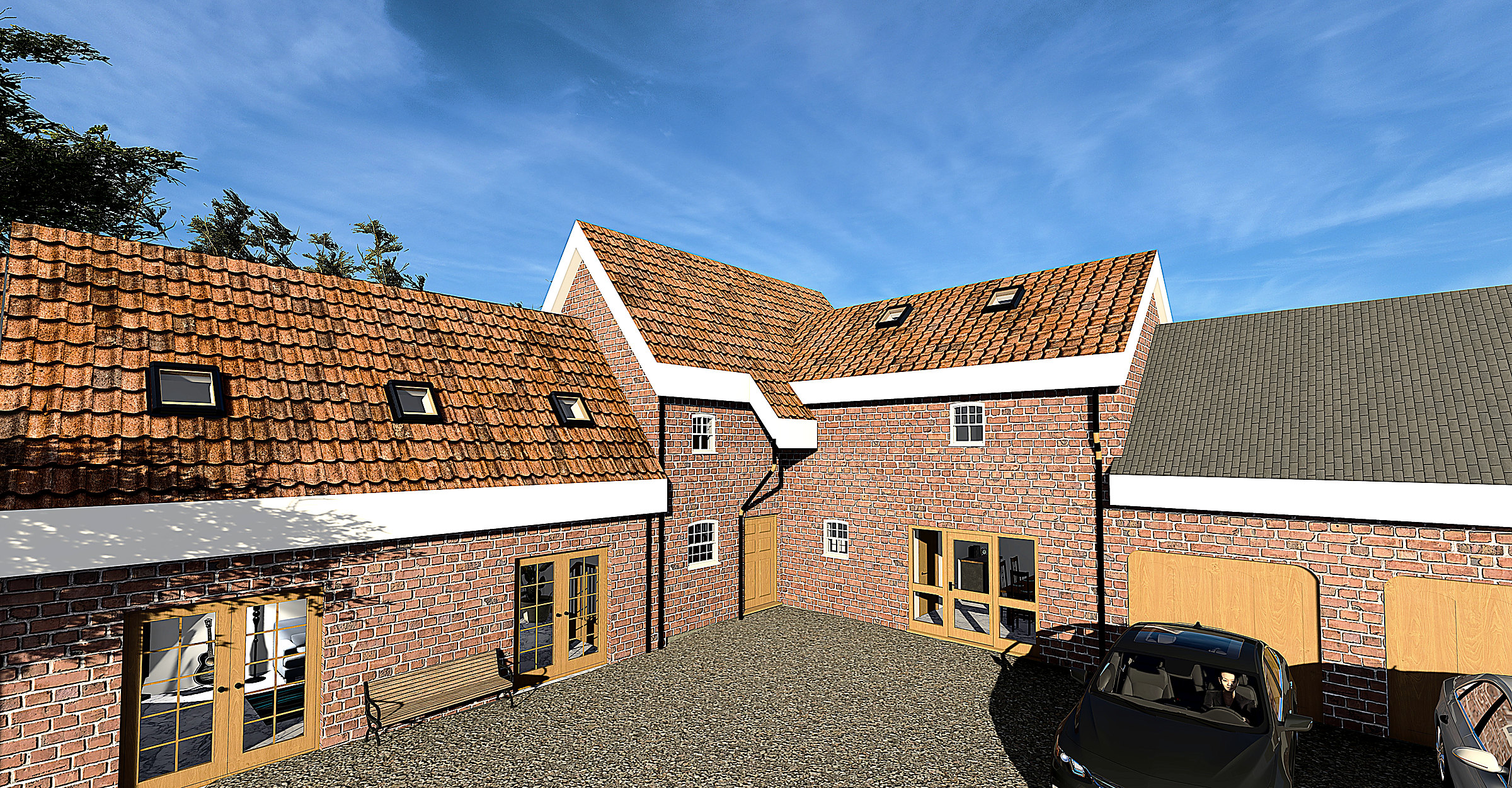 Courtyard gable with rooflights to the converted range