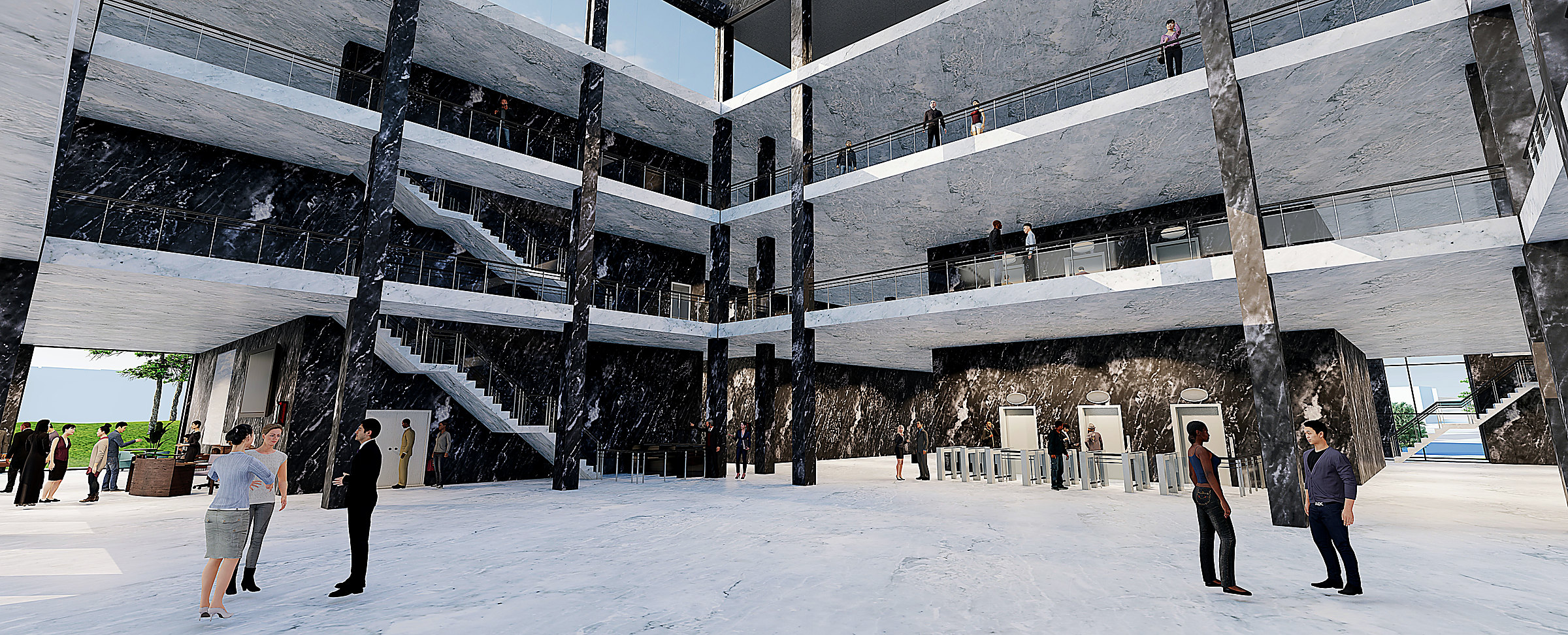 Full-height atrium with marble columns and stacked walkways