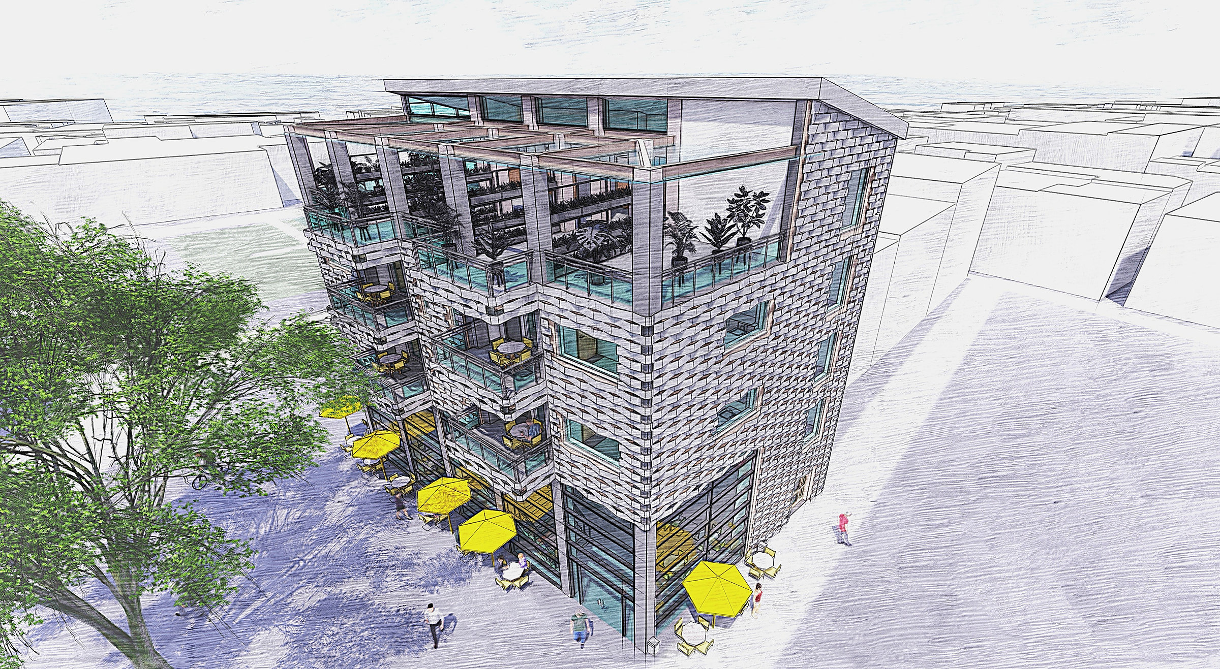 Aerial study &mdash; roof terrace and the retained corner