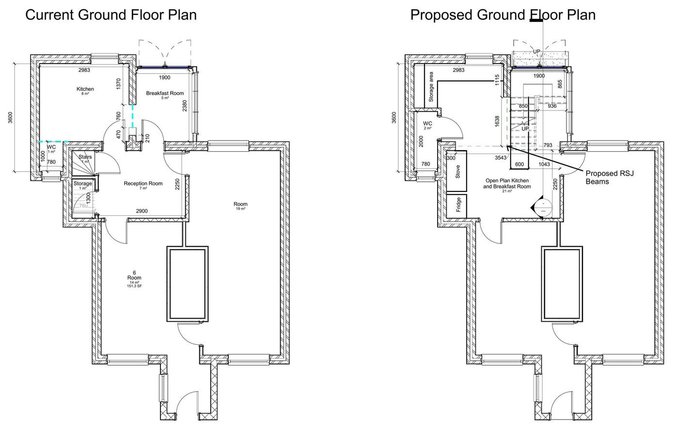 Rear extension proposal &mdash; existing survey and proposed layout, drawn together