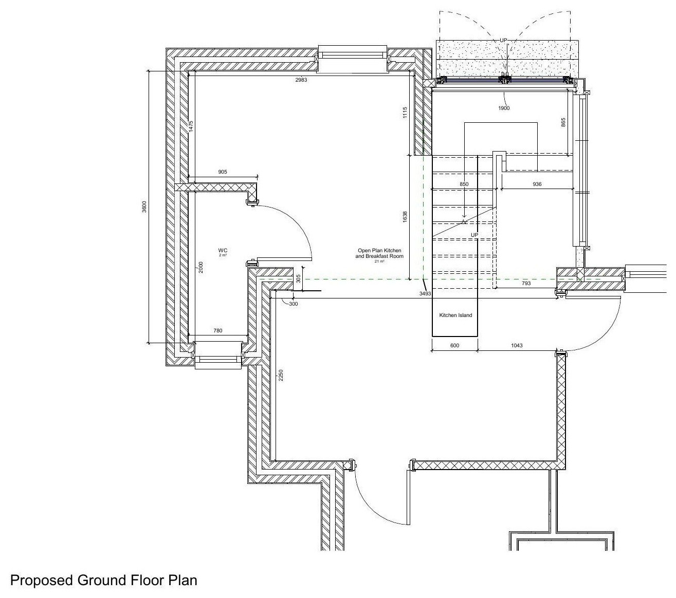Internal layout study &mdash; kitchen fit-out set out against the proposed structure