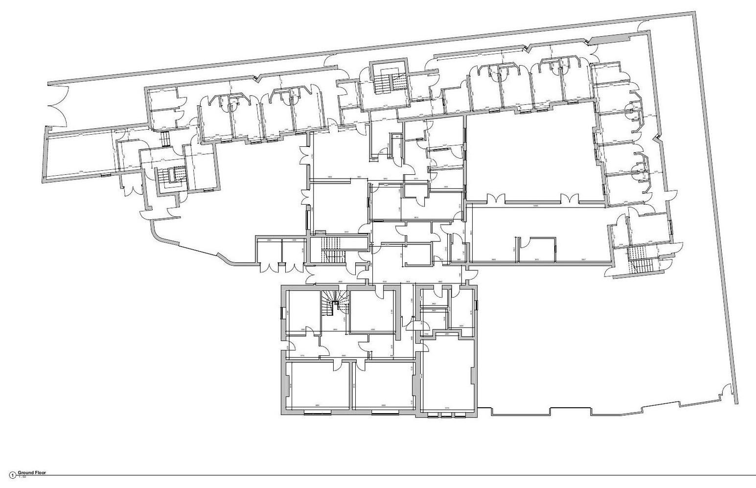 Annotated ground floor survey &mdash; room dimensions recorded across the full plan